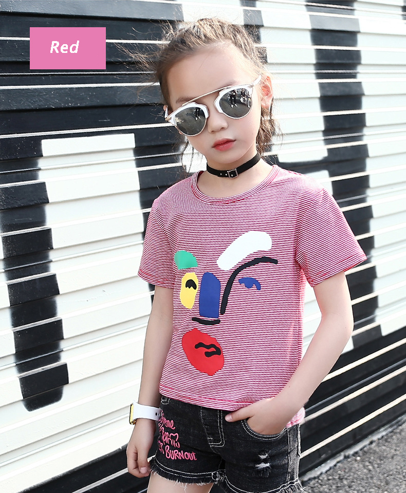 Children Summer Striped T-Shirts For Girls Clothing Cartoon Smiling Face Kids Tees 4-12 Years