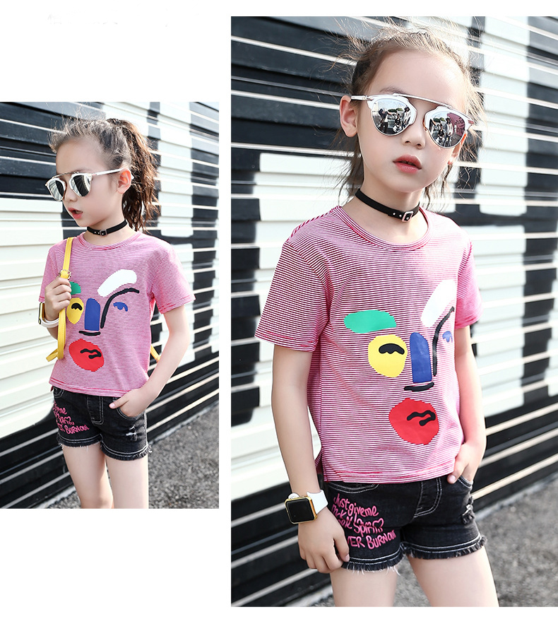 Children Summer Striped T-Shirts For Girls Clothing Cartoon Smiling Face Kids Tees 4-12 Years