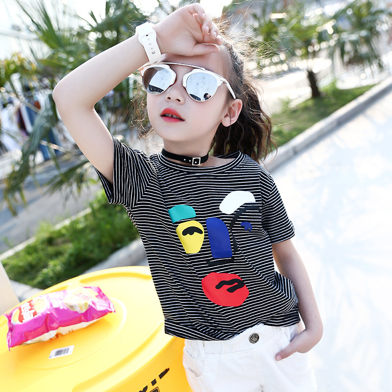 Children Summer Striped T-Shirts For Girls Clothing Cartoon Smiling Face Kids Tees 4-12 Years