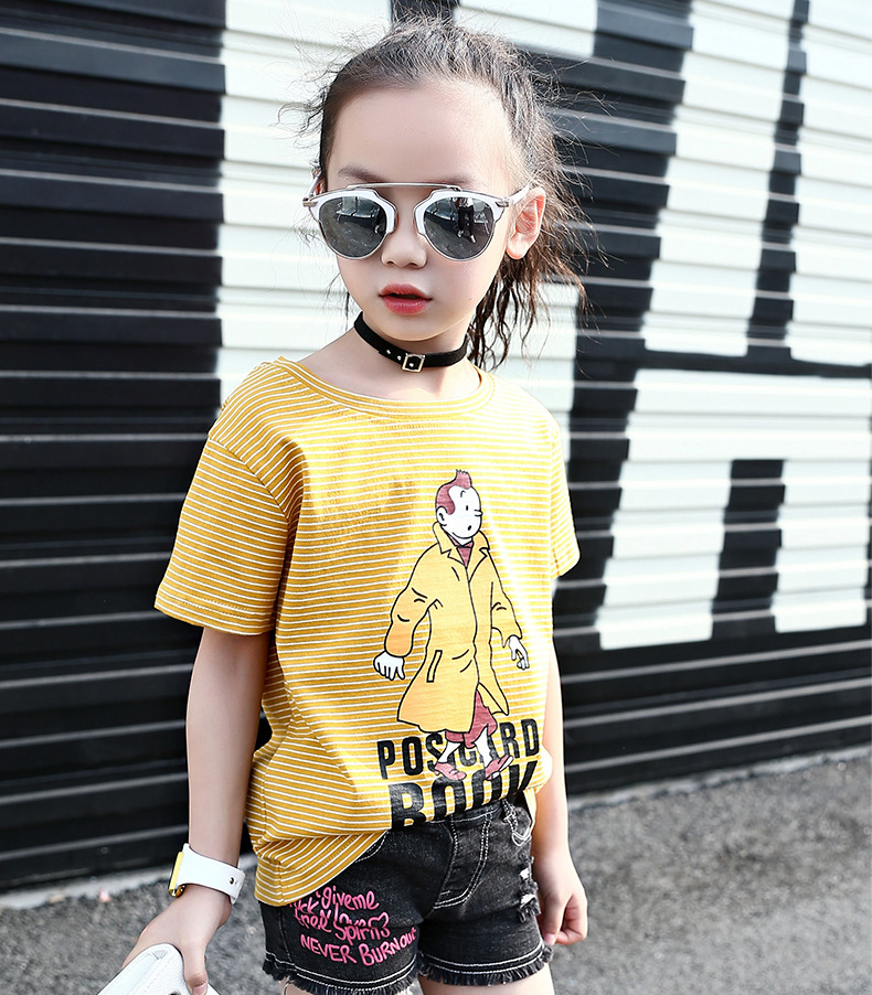 Children Summer Striped T-Shirts For Girls Clothing Cartoon Smiling Face Kids Tees 4-12 Years