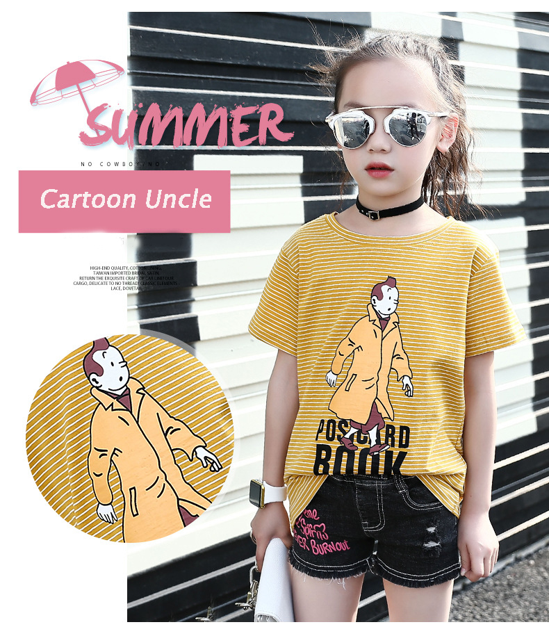 Children Summer Striped T-Shirts For Girls Clothing Cartoon Smiling Face Kids Tees 4-12 Years