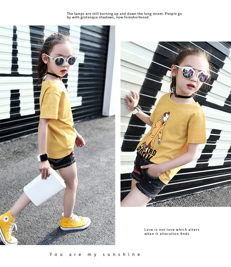 Children Summer Striped T-Shirts For Girls Clothing Cartoon Smiling Face Kids Tees 4-12 Years