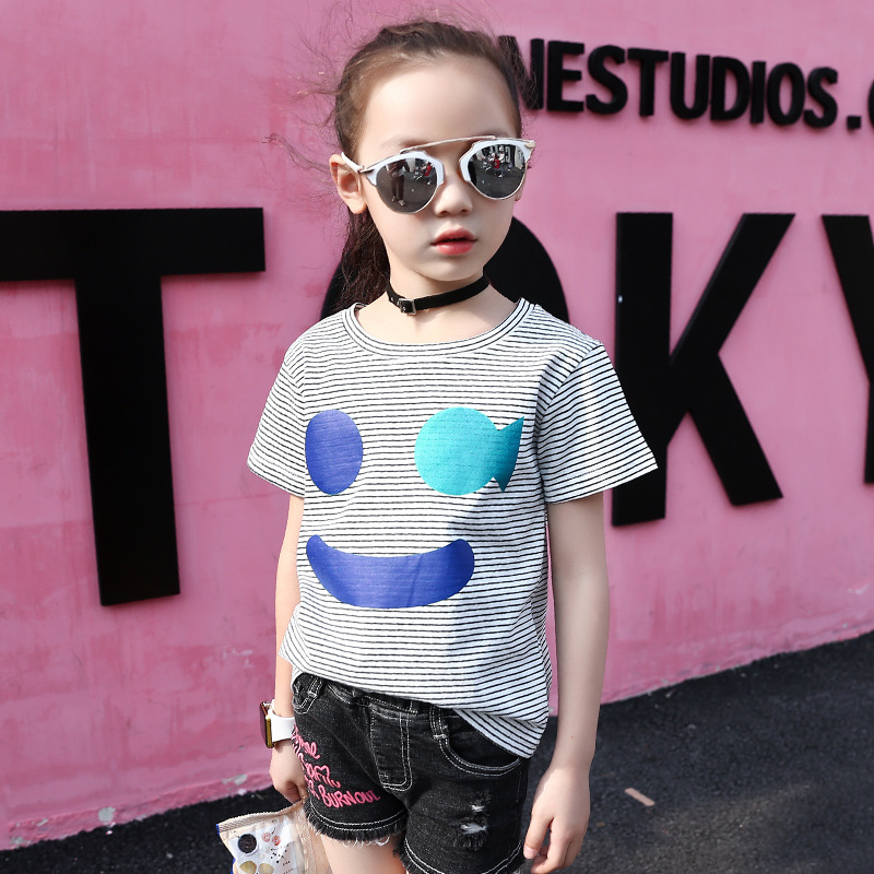 Children Summer Striped T-Shirts For Girls Clothing Cartoon Smiling Face Kids Tees 4-12 Years