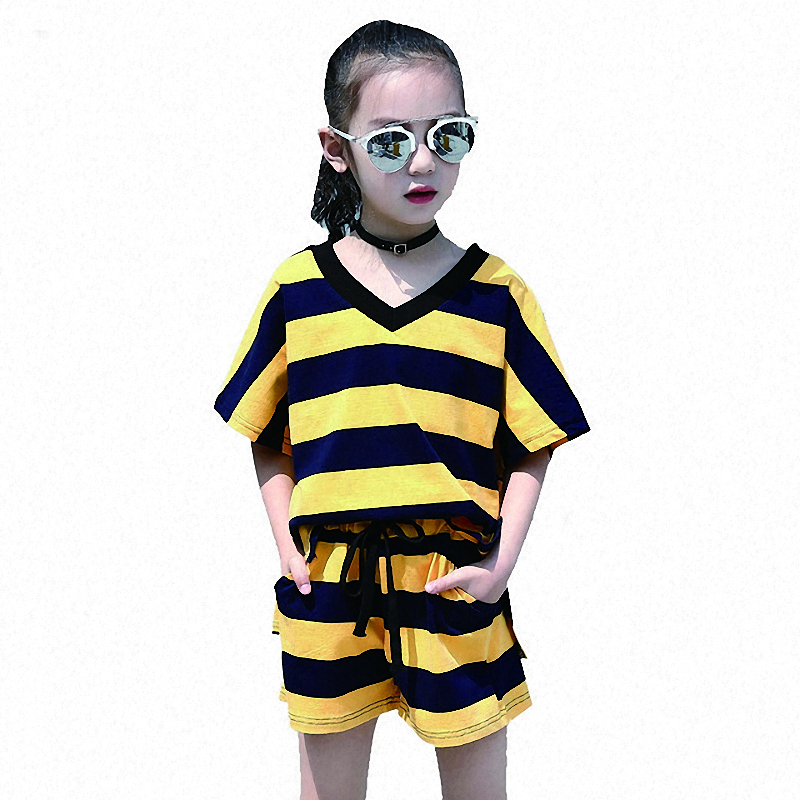 Kids Clothing Sets For Girls Sports Suits Short Sleeve Striped Outfits For Children Tracksuits 2-12T