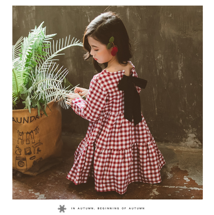 Midodo Girls long sleeved dress for children Clothing Korean plaid doll dress bow knot children's dress 2-12 Years 220002
