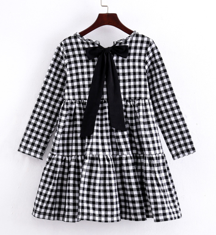 Midodo Girls long sleeved dress for children Clothing Korean plaid doll dress bow knot children's dress 2-12 Years 220002