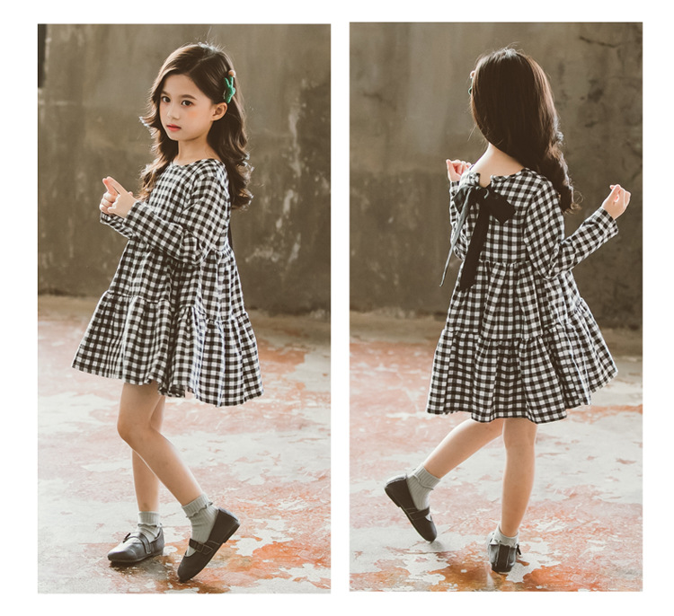 Midodo Girls long sleeved dress for children Clothing Korean plaid doll dress bow knot children's dress 2-12 Years 220002