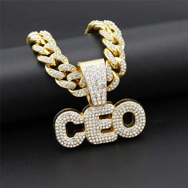 Hip Hop Letter CEO Pendant Necklaces For Women Men Cubic Zircon Miami Cuban Chain  Jewelry Gift