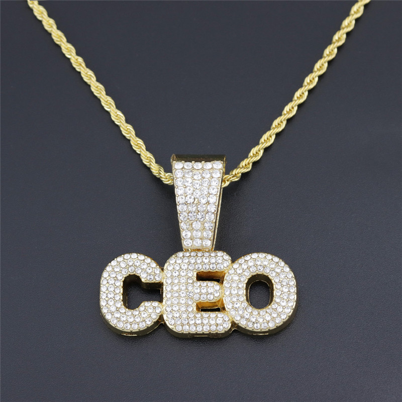 Hip Hop Letter CEO Pendant Necklaces For Women Men Cubic Zircon Miami Cuban Chain  Jewelry Gift