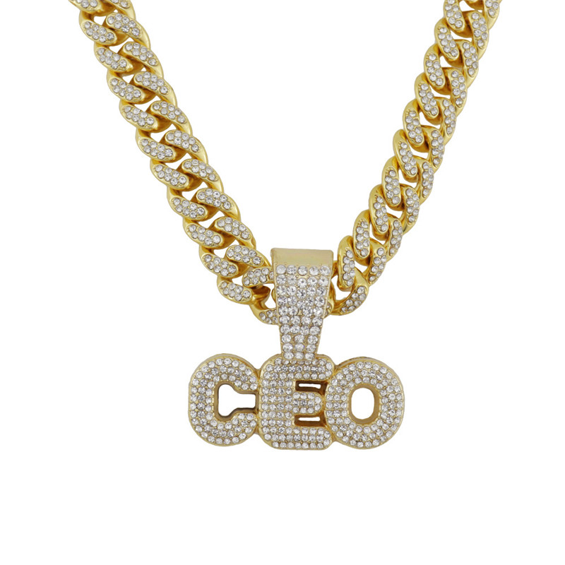 Hip Hop Letter CEO Pendant Necklaces For Women Men Cubic Zircon Miami Cuban Chain  Jewelry Gift