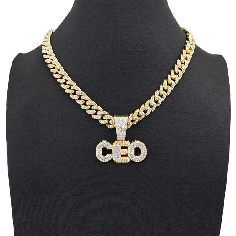 Hip Hop Letter CEO Pendant Necklaces For Women Men Cubic Zircon Miami Cuban Chain  Jewelry Gift