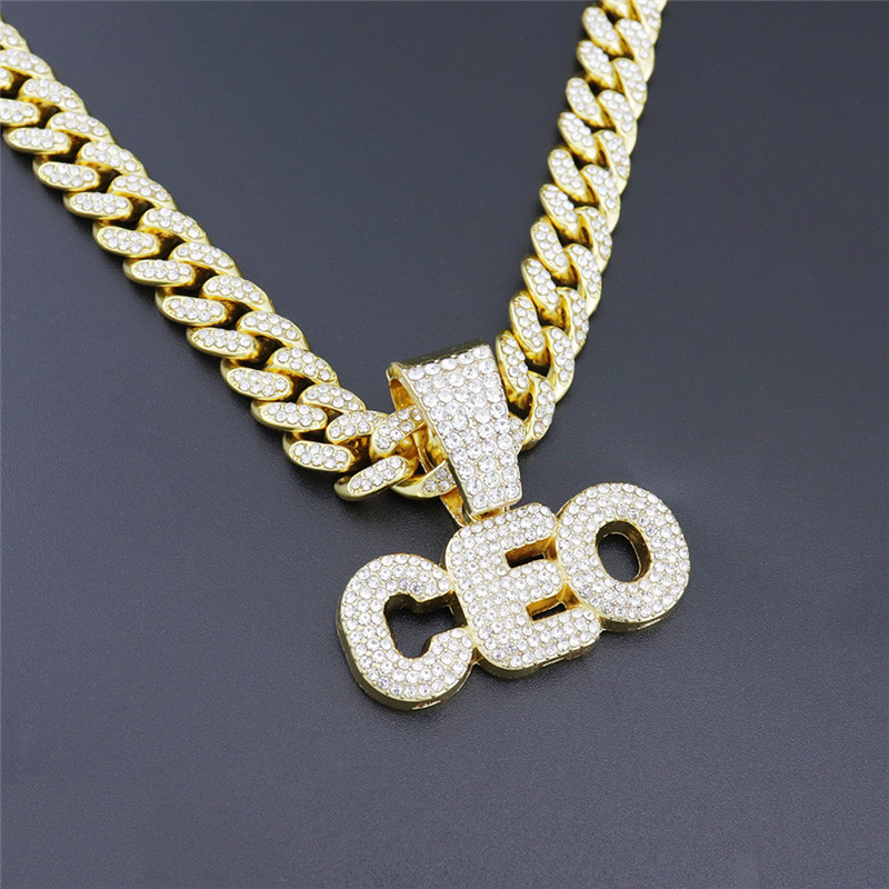Hip Hop Letter CEO Pendant Necklaces For Women Men Cubic Zircon Miami Cuban Chain  Jewelry Gift