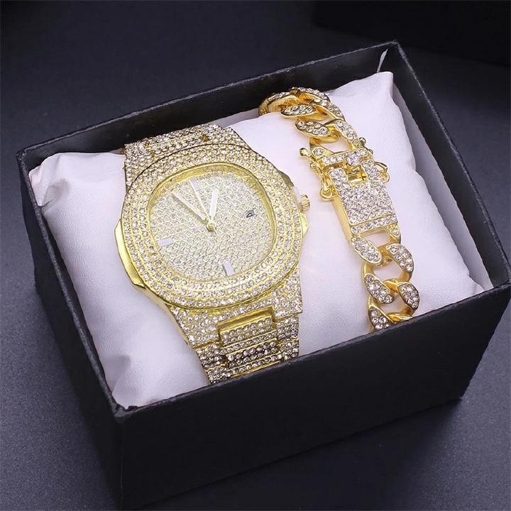 2Pcs/Set Hip Hop Men Diamond Watch +Bracelets Gold Iced Out Crystal Miami Cuban Chain Watch Men Luxury Iced Out Gold Watch+Gift Box +Bracelet Set
