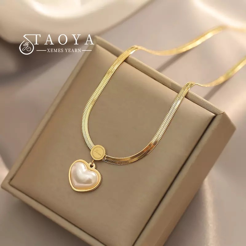 Non Fading Necklace  Pearl Heart Pendant Stainless Steel Gold Color Necklace Party For Womens Luxury Jewelry Accessories  Pearl Charms Chain Choker Necklaces Earrings For Women Girl Friend gif