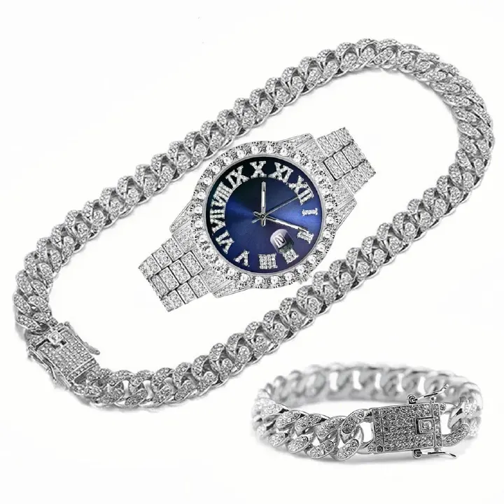 Full Iced Out Watch Mens Cuban Link Chain Bracelet Necklace Choker Bling Jewelry for Men Big Gold Chains Hip Hop Men Watch Set Necklace+Watch+Bracelet Rapper Cuban Chain  For Men African Jewelry Set
