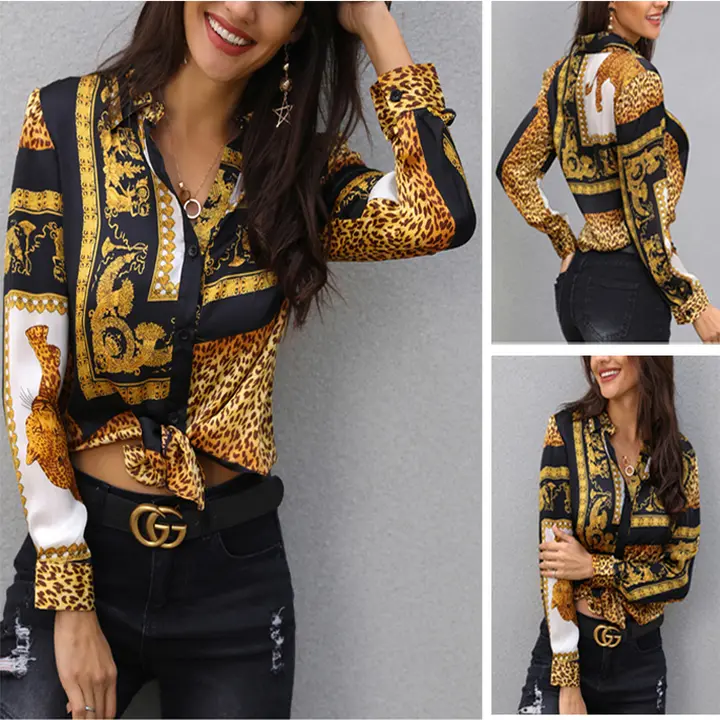 Printing Online celebrity Restoring ancient ways Deep V Long sleeve Shirts are to be Blouse