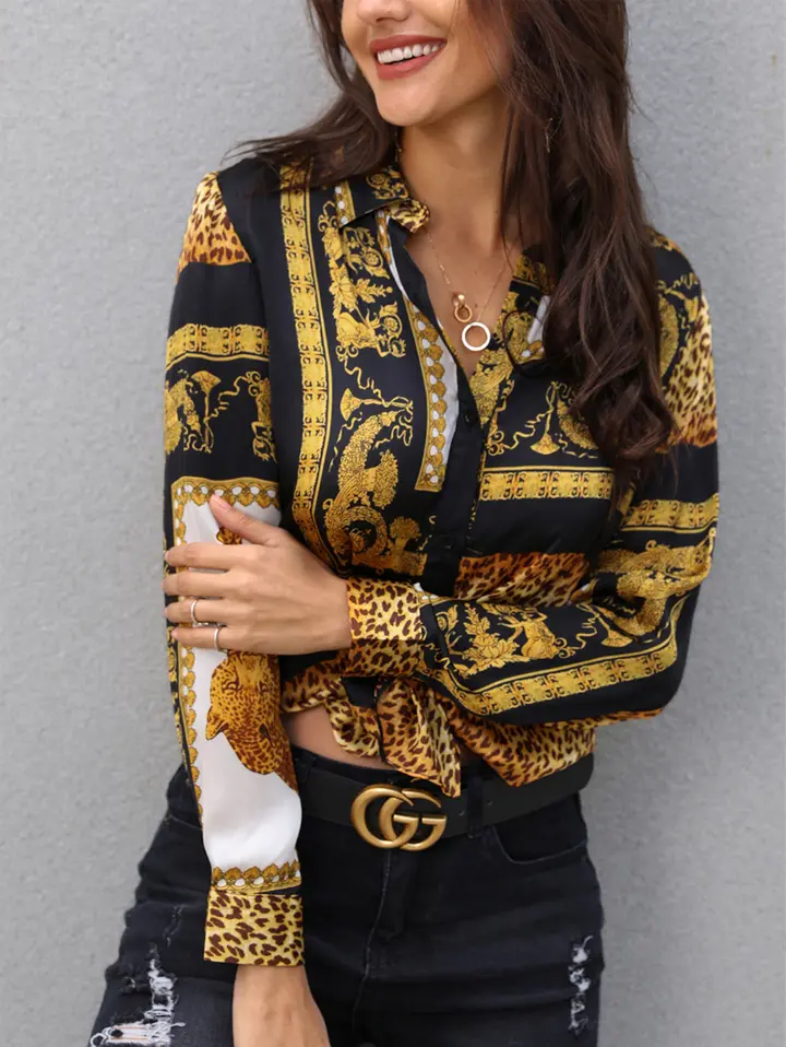 Printing Online celebrity Restoring ancient ways Deep V Long sleeve Shirts are to be Blouse