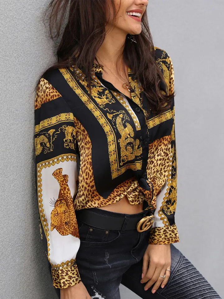 Printing Online celebrity Restoring ancient ways Deep V Long sleeve Shirts are to be Blouse