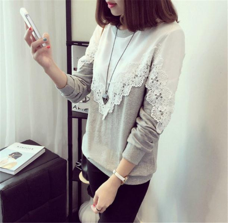 Women's Clothes New long-sleeved t-shirt female student thin section sweater loose wild lace top