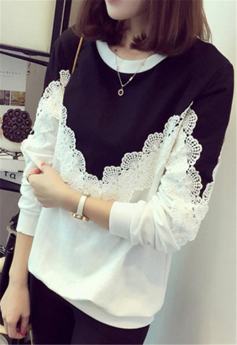 Women's Clothes New long-sleeved t-shirt female student thin section sweater loose wild lace top