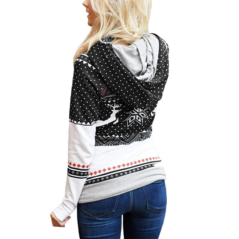 Explosion models Christmas style zipper print pocket hooded finger sweater coat jacket women's