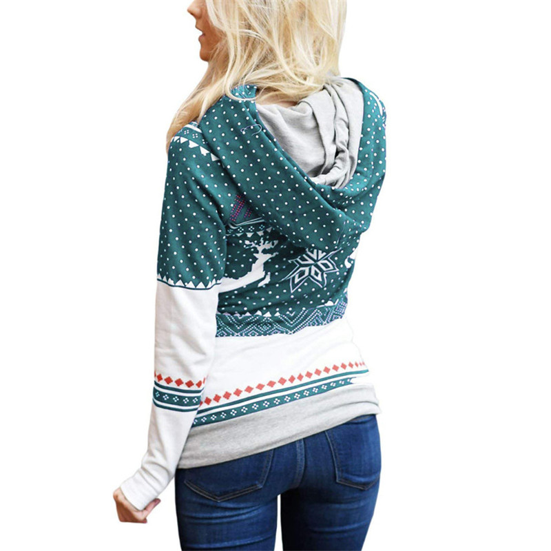 Explosion models Christmas style zipper print pocket hooded finger sweater coat jacket women's