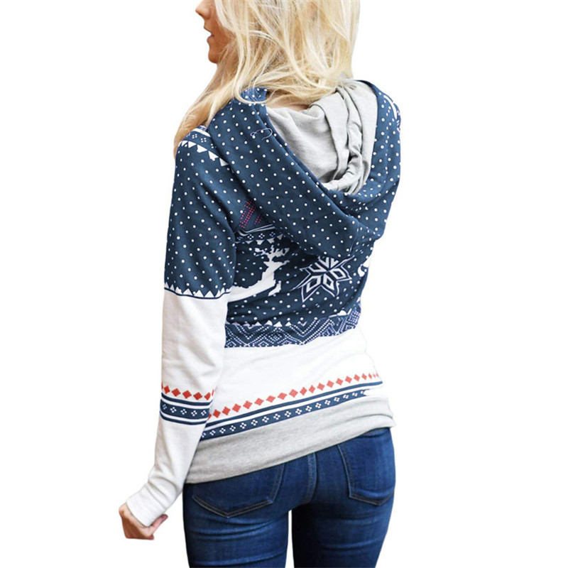 Explosion models Christmas style zipper print pocket hooded finger sweater coat jacket women's