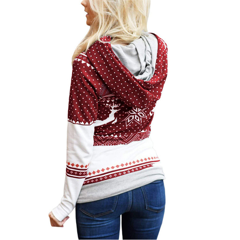 Explosion models Christmas style zipper print pocket hooded finger sweater coat jacket women's
