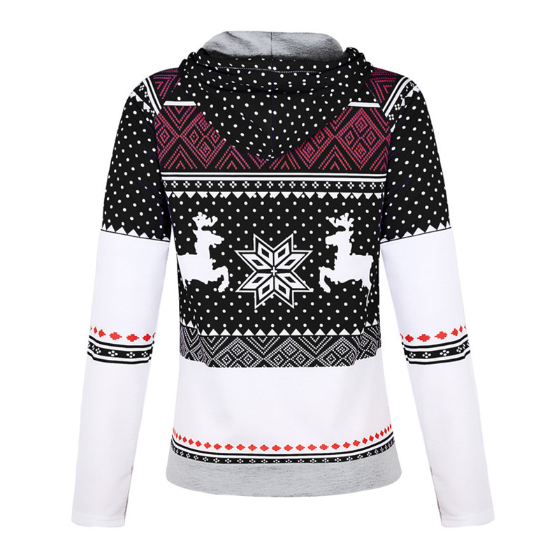 Explosion models Christmas style zipper print pocket hooded finger sweater coat jacket women's