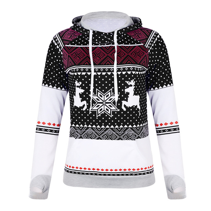 Explosion models Christmas style zipper print pocket hooded finger sweater coat jacket women's