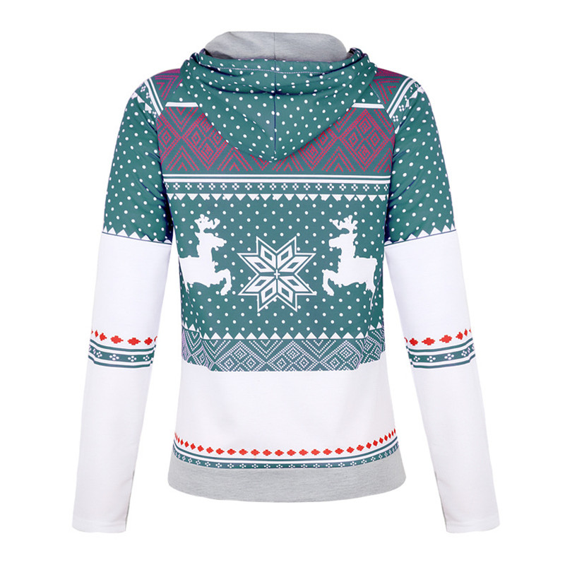 Explosion models Christmas style zipper print pocket hooded finger sweater coat jacket women's