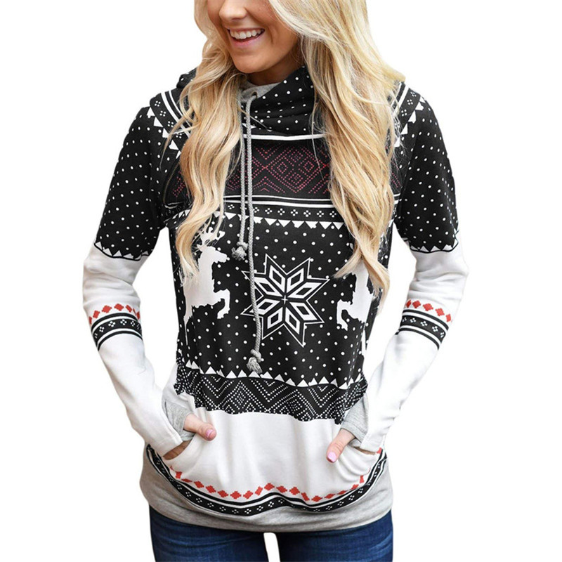 Explosion models Christmas style zipper print pocket hooded finger sweater coat jacket women's