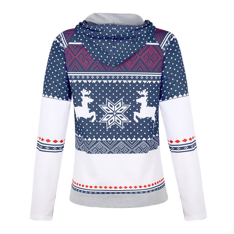 Explosion models Christmas style zipper print pocket hooded finger sweater coat jacket women's
