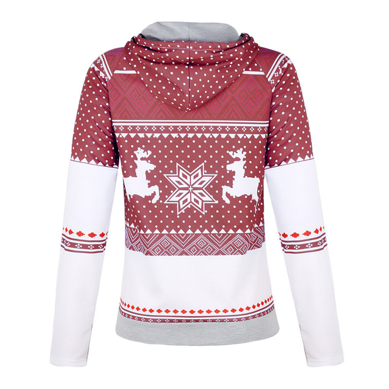 Explosion models Christmas style zipper print pocket hooded finger sweater coat jacket women's