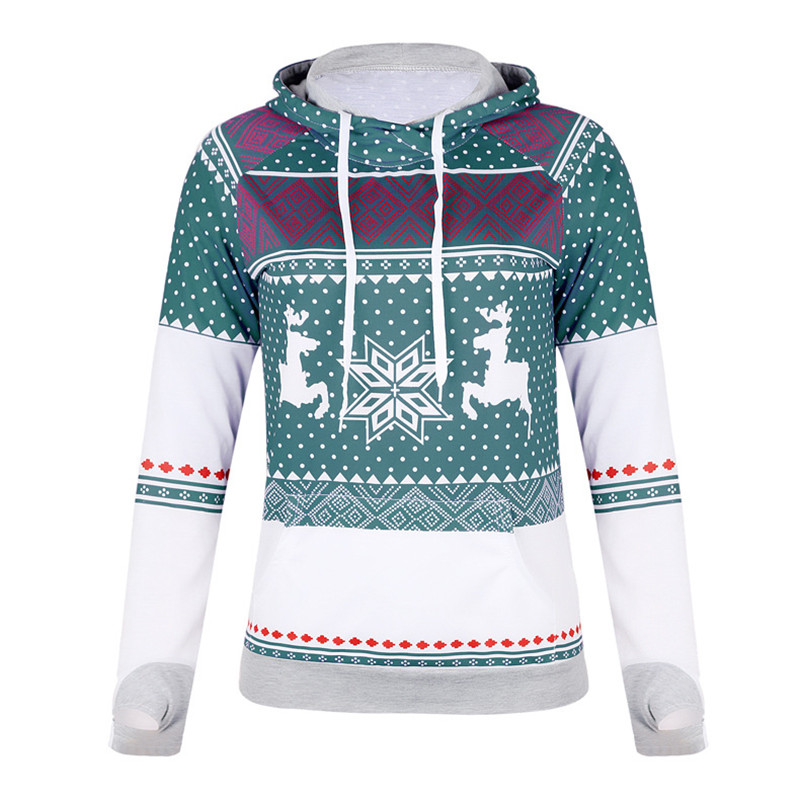 Explosion models Christmas style zipper print pocket hooded finger sweater coat jacket women's