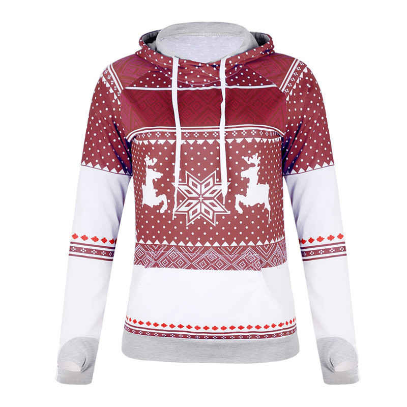 Explosion models Christmas style zipper print pocket hooded finger sweater coat jacket women's