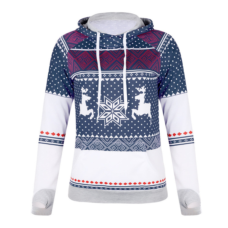 Explosion models Christmas style zipper print pocket hooded finger sweater coat jacket women's
