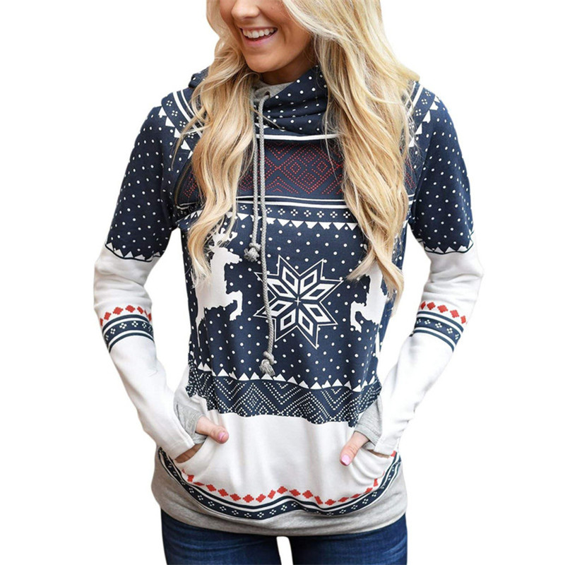 Explosion models Christmas style zipper print pocket hooded finger sweater coat jacket women's