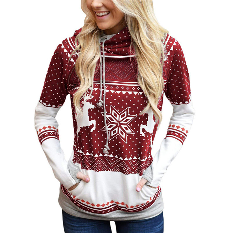 Explosion models Christmas style zipper print pocket hooded finger sweater coat jacket women's