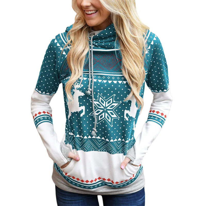Explosion models Christmas style zipper print pocket hooded finger sweater coat jacket women's