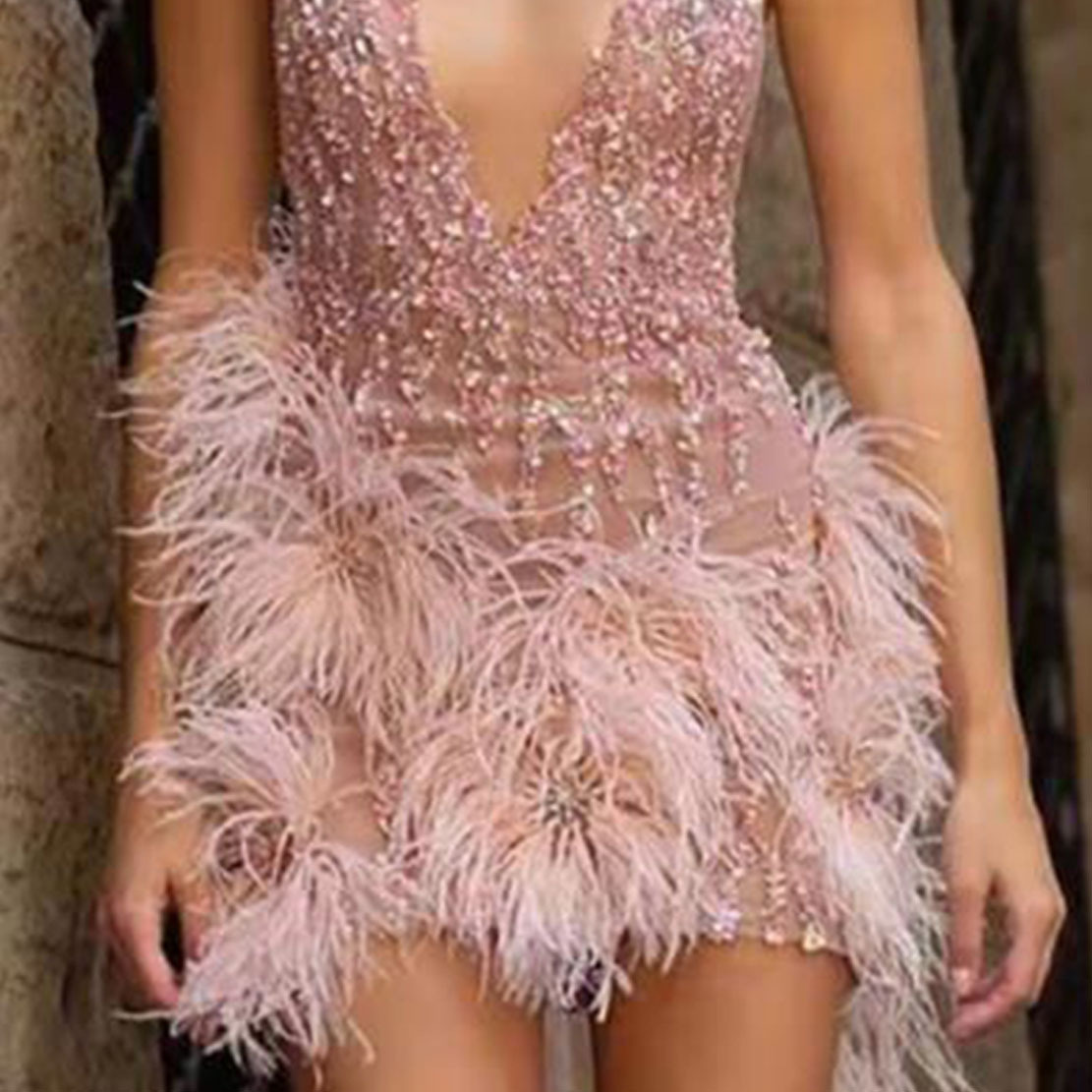 2023 European and American women's blouse coat fashion casual feather condole belt skirt deep V-neck sexy nightclub party dress