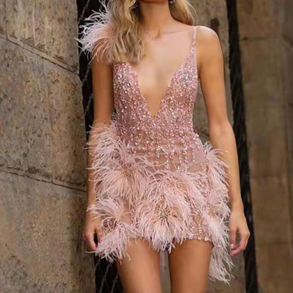 2023 European and American women's blouse coat fashion casual feather condole belt skirt deep V-neck sexy nightclub party dress