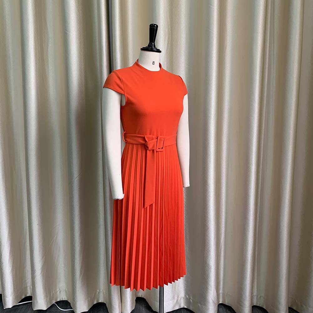 New style fashion Short Sleeve dress with belt High waist pleated skirt temperament large cross-border dress Round neck Plus Size s-3xl K005