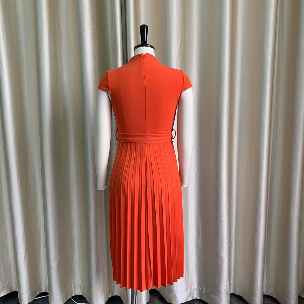 New style fashion Short Sleeve dress with belt High waist pleated skirt temperament large cross-border dress Round neck Plus Size s-3xl K005