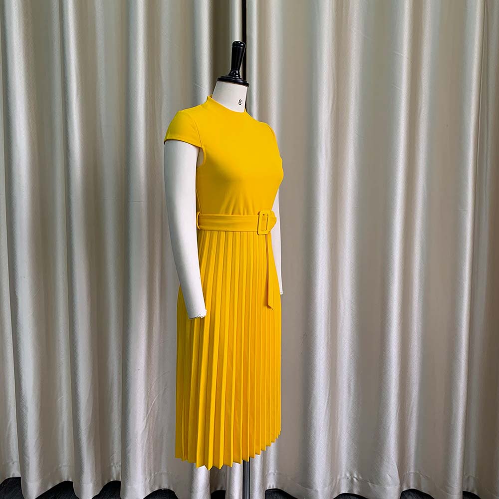 New style fashion Short Sleeve dress with belt High waist pleated skirt temperament large cross-border dress Round neck Plus Size s-3xl K005