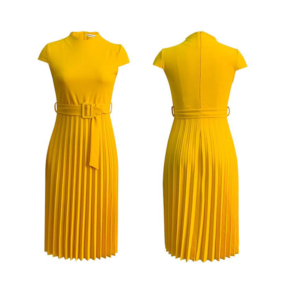 New style fashion Short Sleeve dress with belt High waist pleated skirt temperament large cross-border dress Round neck Plus Size s-3xl K005