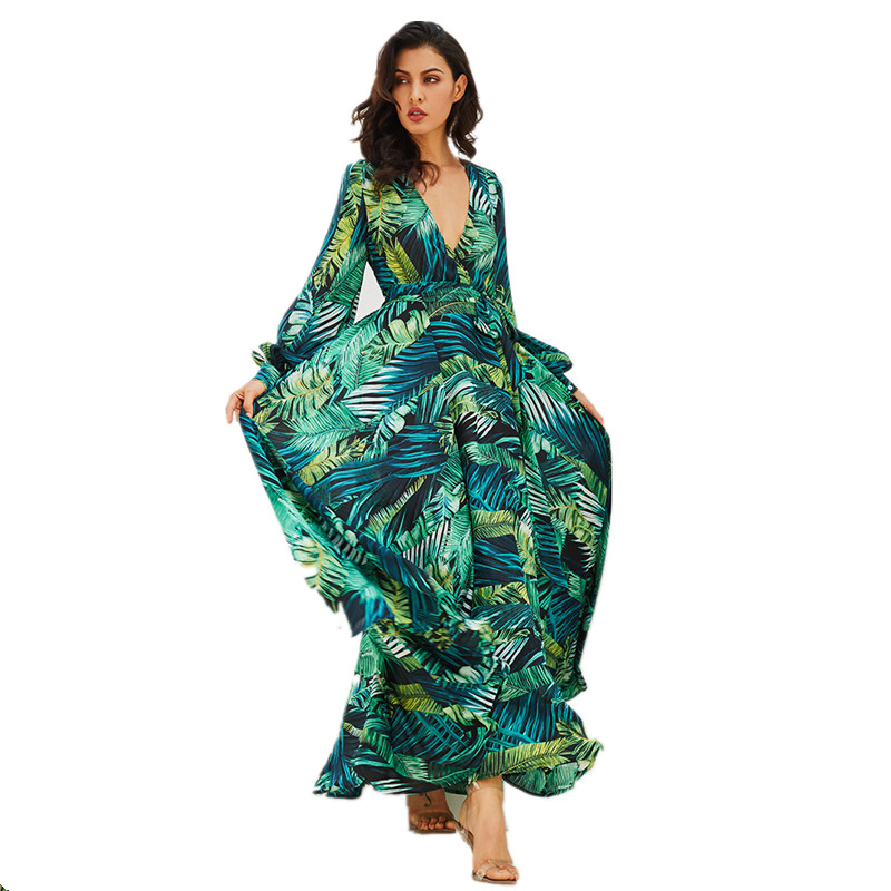 Dress Summer New Women Long Sleeve Green leaf Maxi Dresses Big Dress Casual V Neck Belt Plus Size