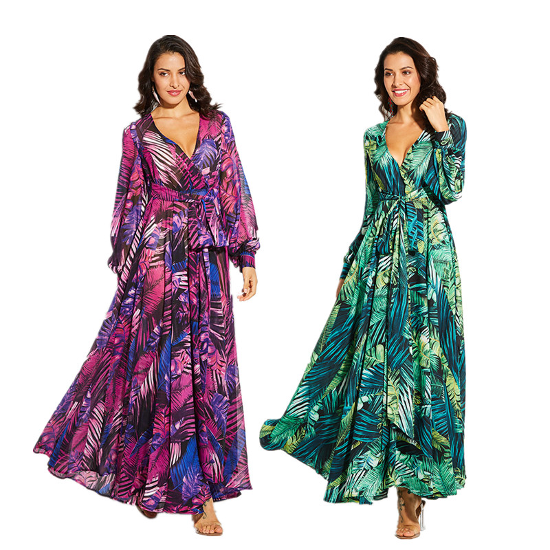 Dress Summer New Women Long Sleeve Green leaf Maxi Dresses Big Dress Casual V Neck Belt Plus Size