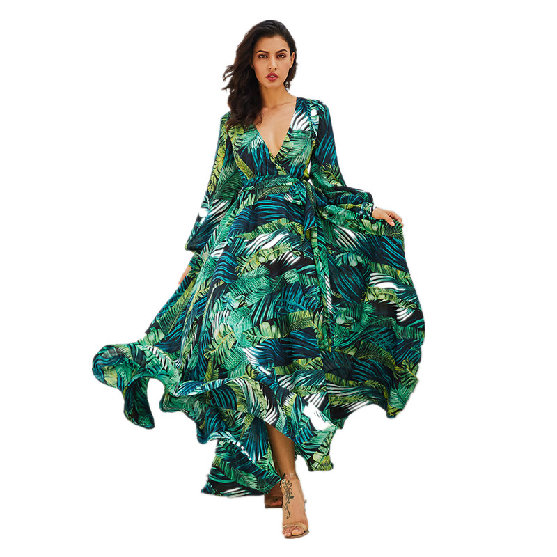 Dress Summer New Women Long Sleeve Green leaf Maxi Dresses Big Dress Casual V Neck Belt Plus Size