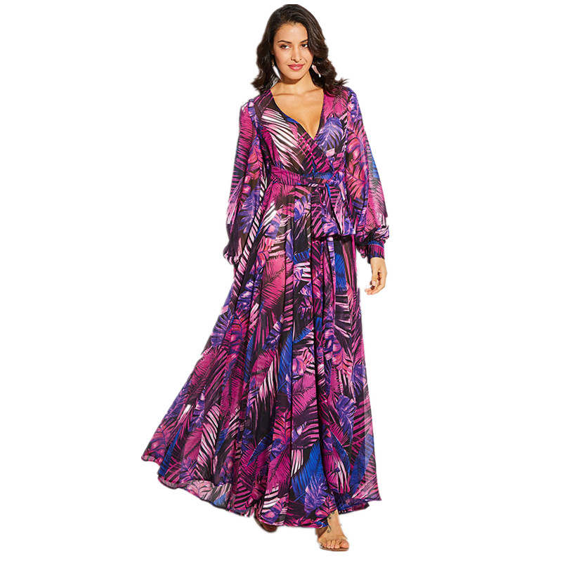 Dress Summer New Women Long Sleeve Green leaf Maxi Dresses Big Dress Casual V Neck Belt Plus Size